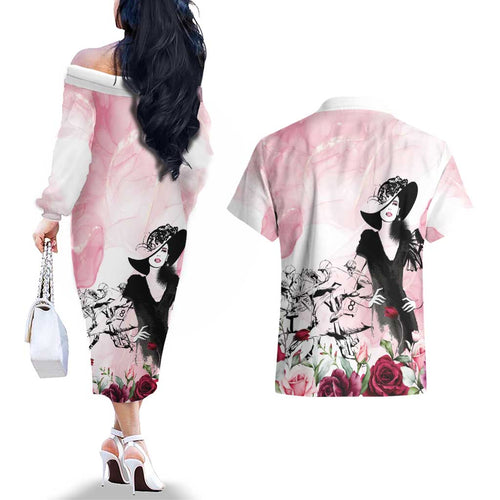 Melbourne Horse Racing Cup Pink Out Derby Couples Matching Off The Shoulder Long Sleeve Dress and Hawaiian Shirt - Aussie Hoodie