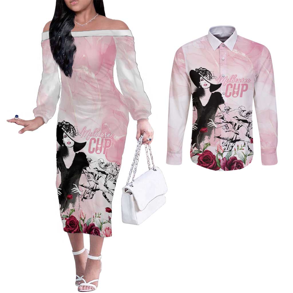 Melbourne Horse Racing Cup Pink Out Derby Couples Matching Off The Shoulder Long Sleeve Dress and Long Sleeve Button Shirt - Aussie Hoodie