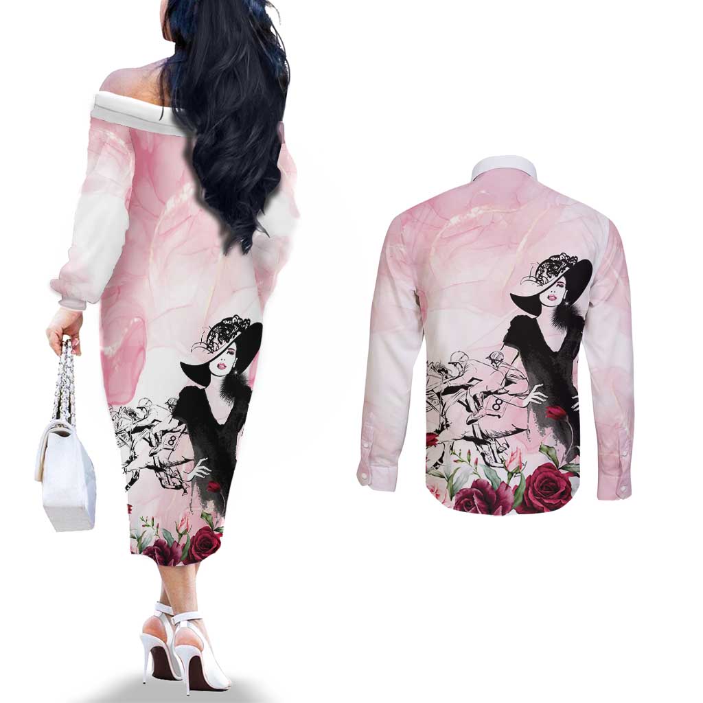 Melbourne Horse Racing Cup Pink Out Derby Couples Matching Off The Shoulder Long Sleeve Dress and Long Sleeve Button Shirt - Aussie Hoodie