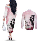Melbourne Horse Racing Cup Pink Out Derby Couples Matching Off The Shoulder Long Sleeve Dress and Long Sleeve Button Shirt - Aussie Hoodie