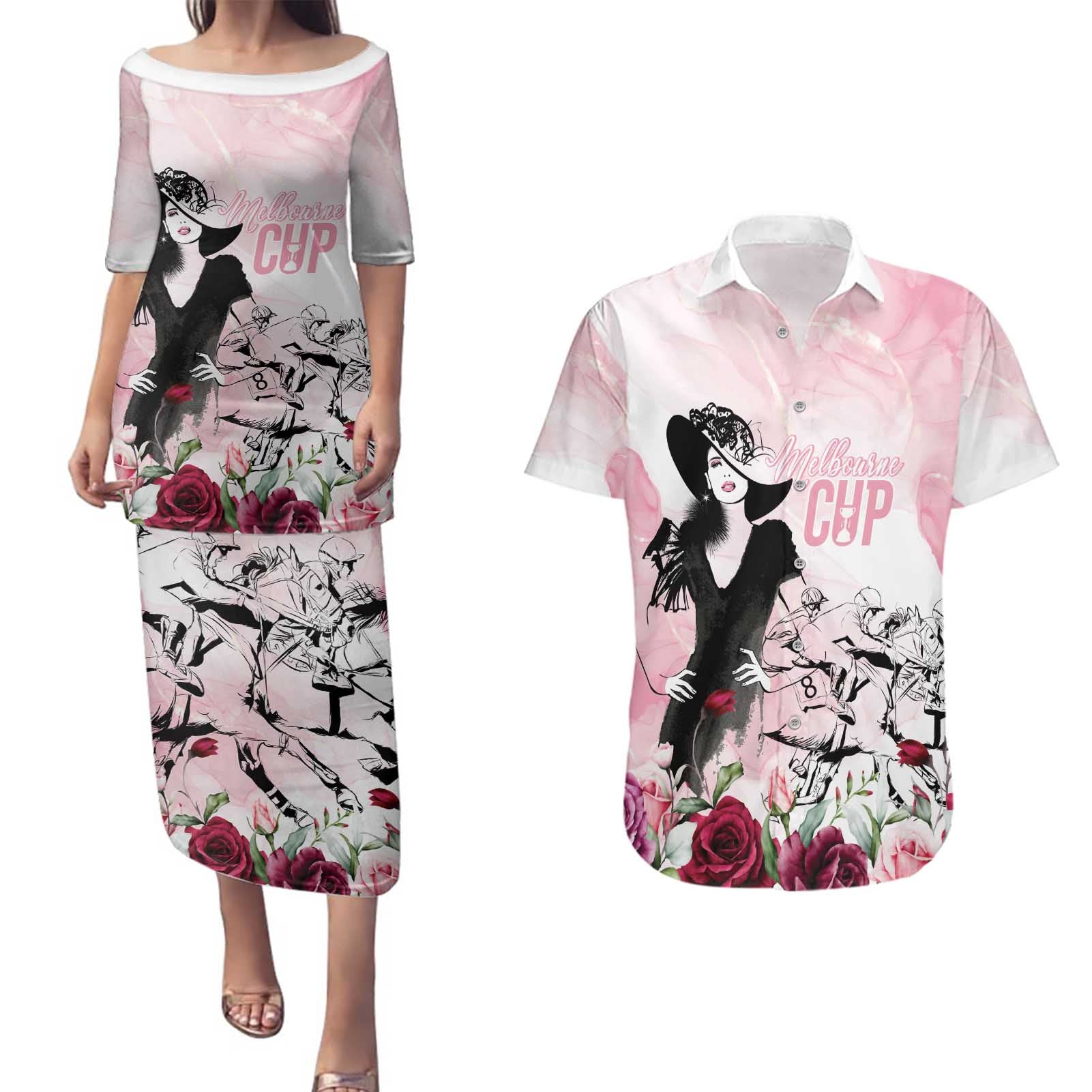 Melbourne Horse Racing Cup Pink Out Derby Couples Matching Puletasi and Hawaiian Shirt - Aussie Hoodie