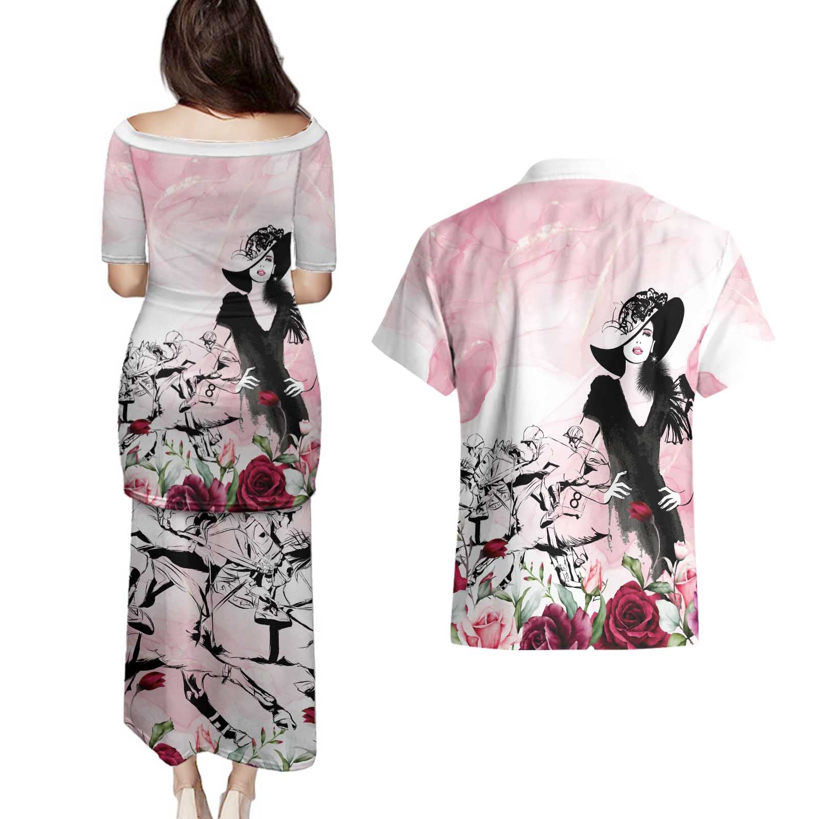 Melbourne Horse Racing Cup Pink Out Derby Couples Matching Puletasi and Hawaiian Shirt - Aussie Hoodie