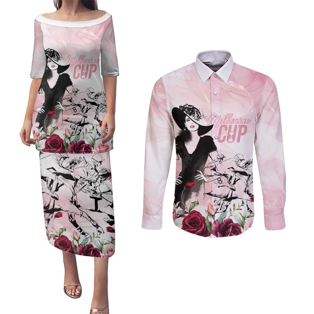 Melbourne Horse Racing Cup Pink Out Derby Couples Matching Puletasi and Long Sleeve Button Shirt - Aussie Hoodie