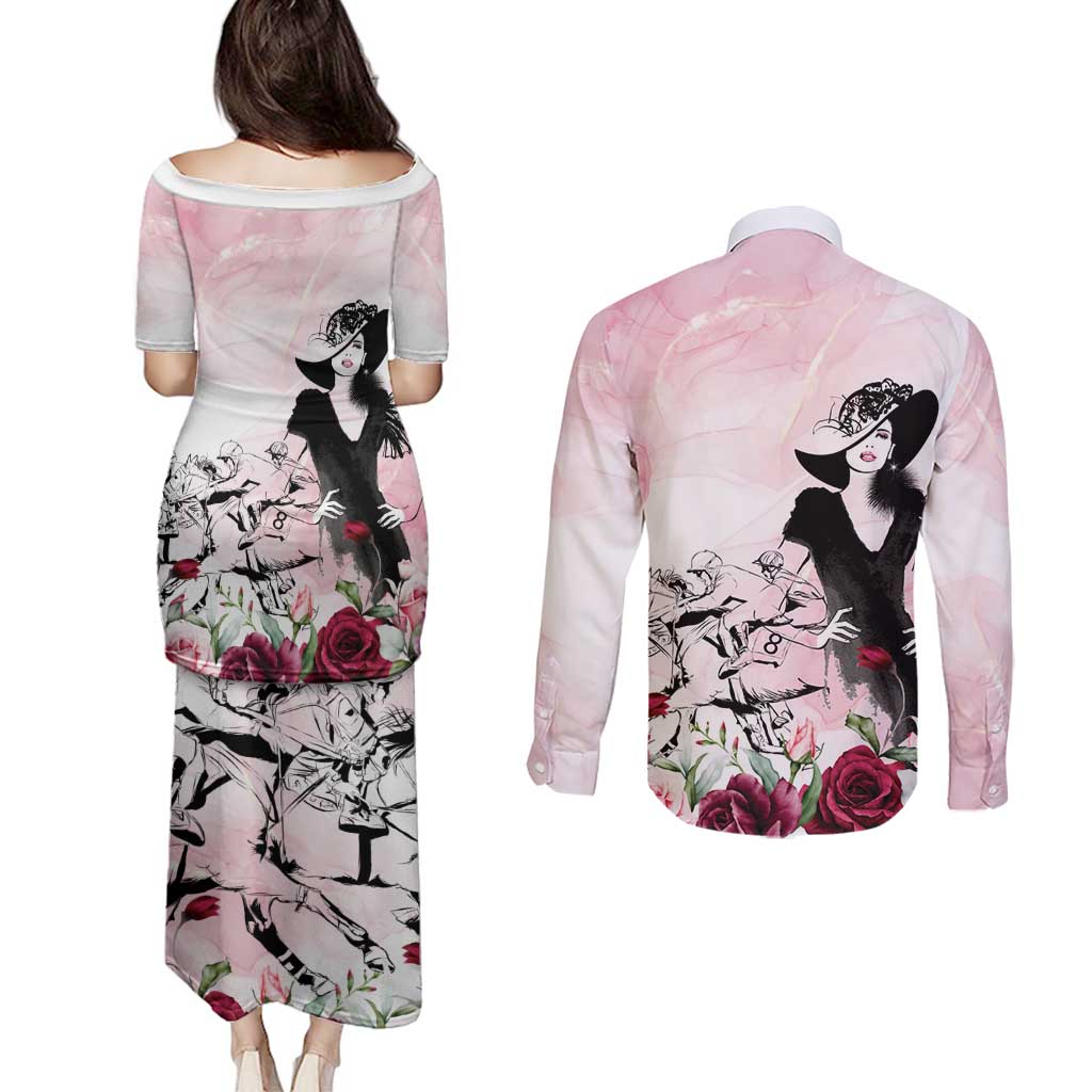 Melbourne Horse Racing Cup Pink Out Derby Couples Matching Puletasi and Long Sleeve Button Shirt - Aussie Hoodie