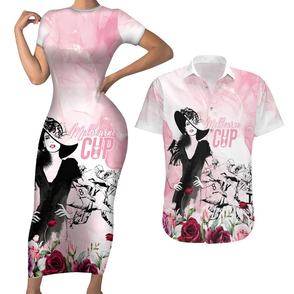 Melbourne Horse Racing Cup Pink Out Derby Couples Matching Short Sleeve Bodycon Dress and Hawaiian Shirt - Aussie Hoodie