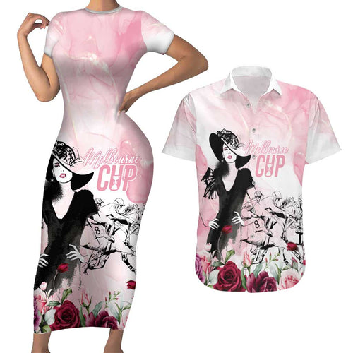 Melbourne Horse Racing Cup Pink Out Derby Couples Matching Short Sleeve Bodycon Dress and Hawaiian Shirt - Aussie Hoodie