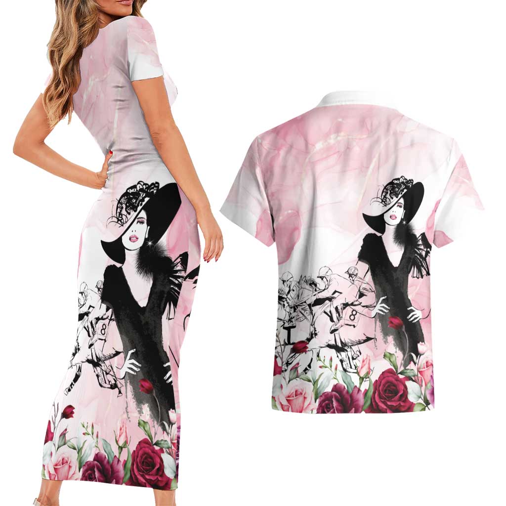 Melbourne Horse Racing Cup Pink Out Derby Couples Matching Short Sleeve Bodycon Dress and Hawaiian Shirt - Aussie Hoodie