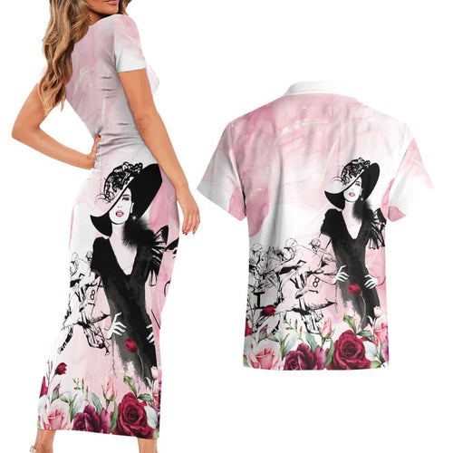 Melbourne Horse Racing Cup Pink Out Derby Couples Matching Short Sleeve Bodycon Dress and Hawaiian Shirt - Aussie Hoodie
