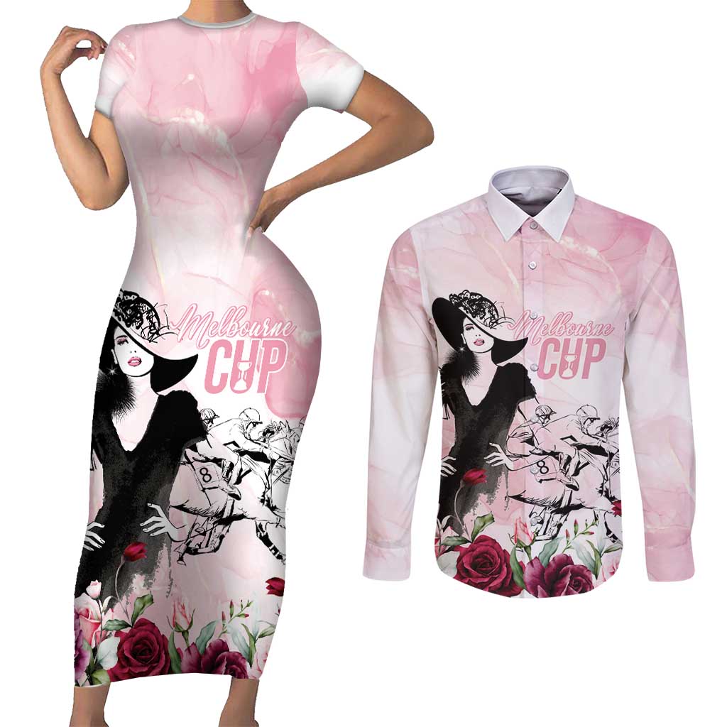 Melbourne Horse Racing Cup Pink Out Derby Couples Matching Short Sleeve Bodycon Dress and Long Sleeve Button Shirt - Aussie Hoodie