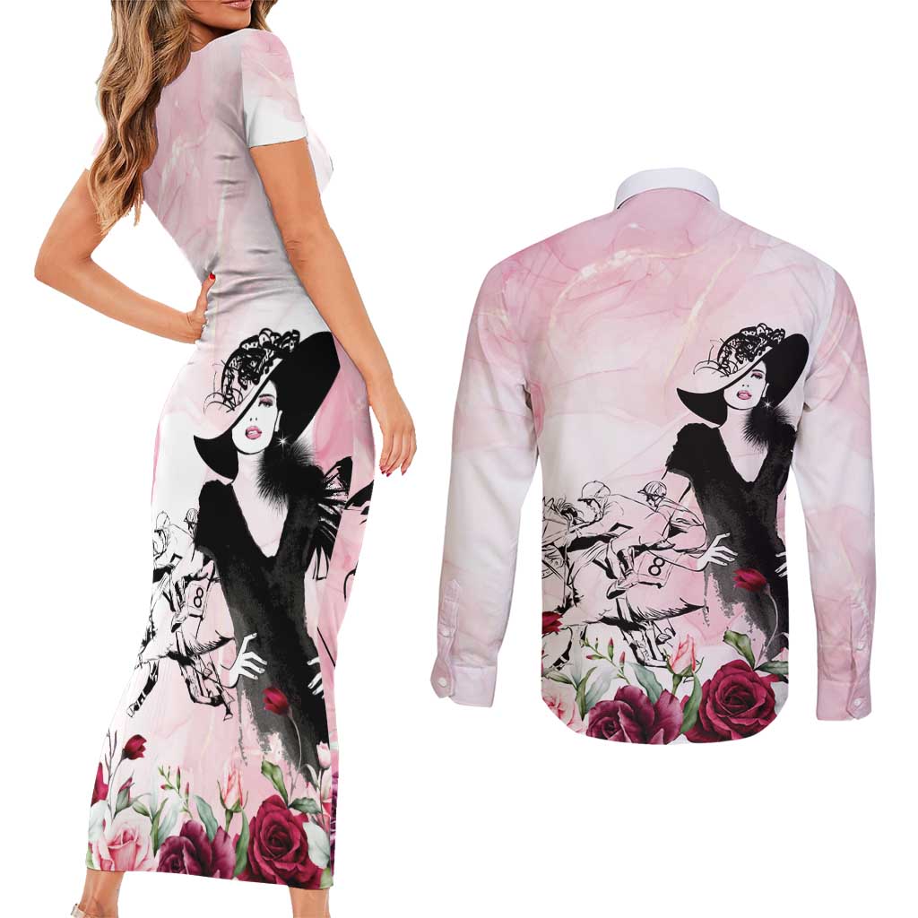 Melbourne Horse Racing Cup Pink Out Derby Couples Matching Short Sleeve Bodycon Dress and Long Sleeve Button Shirt - Aussie Hoodie