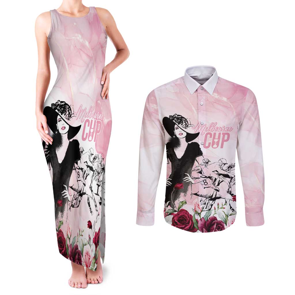 Melbourne Horse Racing Cup Pink Out Derby Couples Matching Tank Maxi Dress and Long Sleeve Button Shirt - Aussie Hoodie