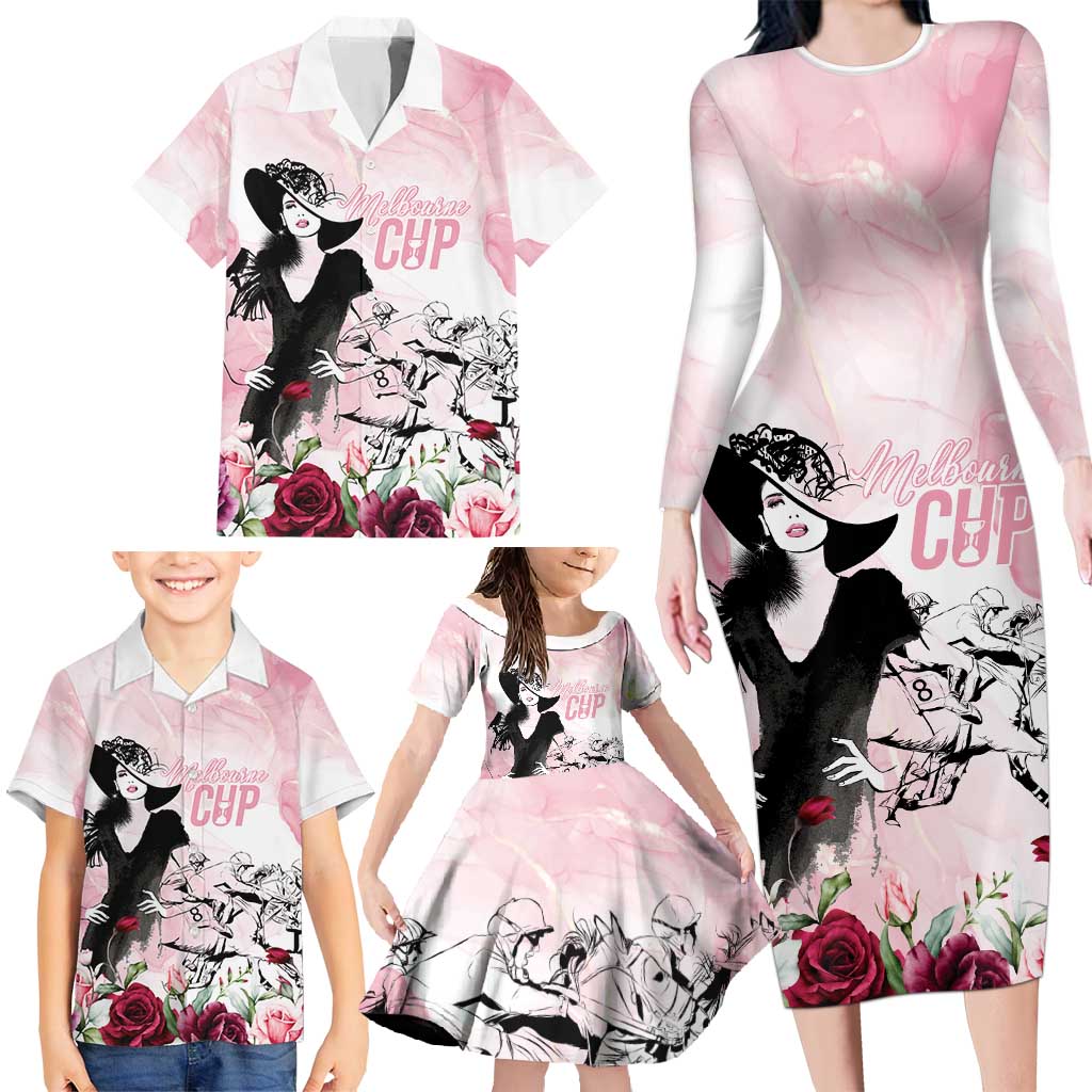 Melbourne Horse Racing Cup Pink Out Derby Family Matching Long Sleeve Bodycon Dress and Hawaiian Shirt - Aussie Hoodie