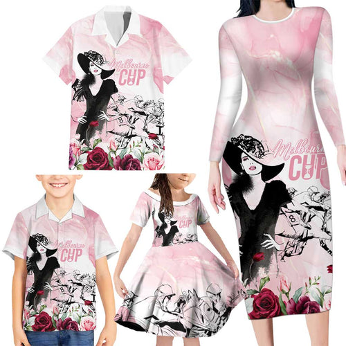 Melbourne Horse Racing Cup Pink Out Derby Family Matching Long Sleeve Bodycon Dress and Hawaiian Shirt - Aussie Hoodie