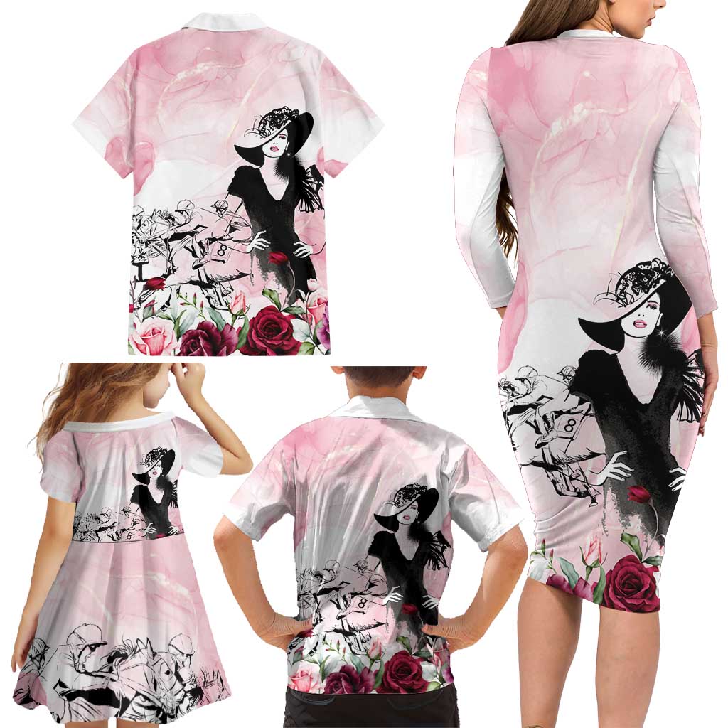 Melbourne Horse Racing Cup Pink Out Derby Family Matching Long Sleeve Bodycon Dress and Hawaiian Shirt - Aussie Hoodie