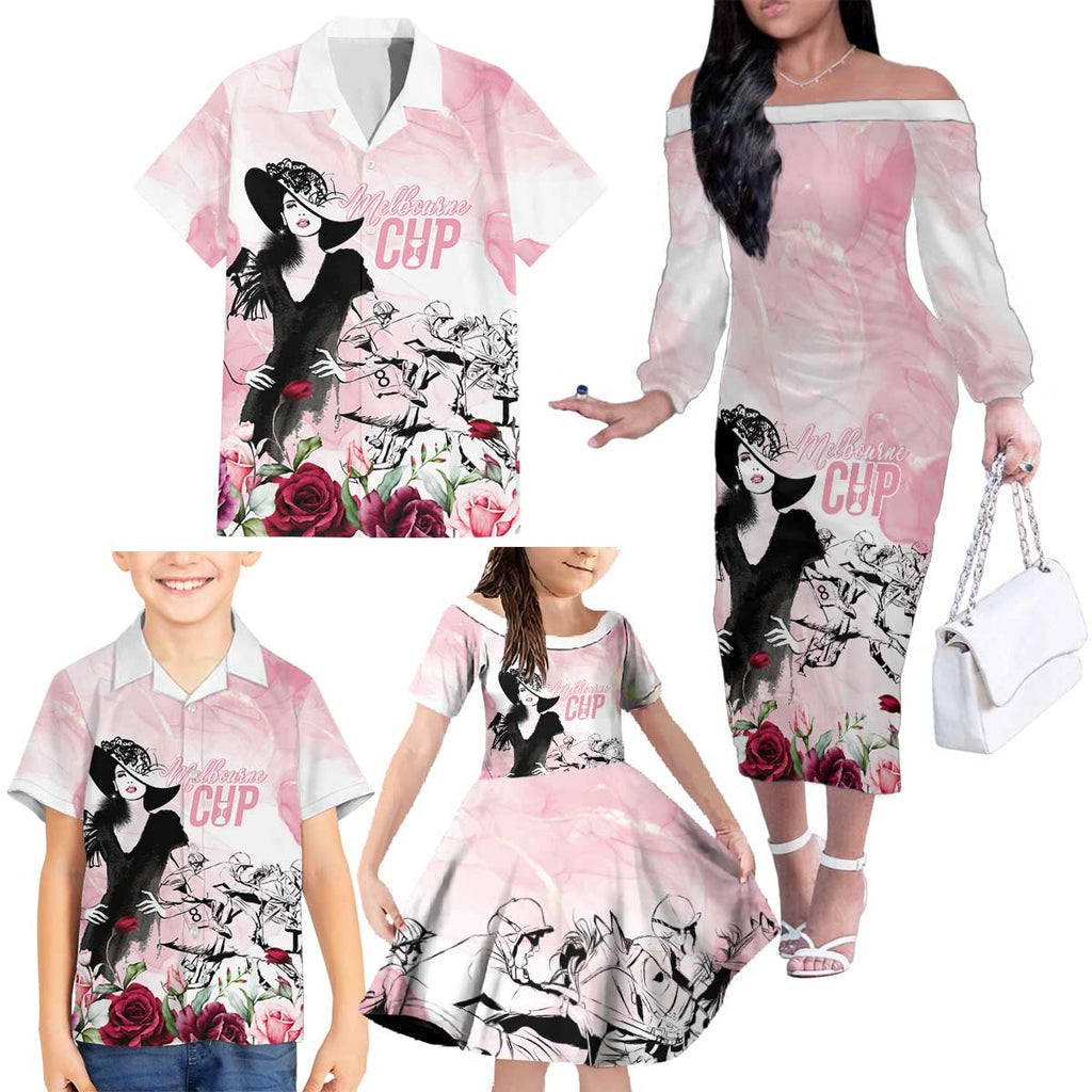 Melbourne Horse Racing Cup Pink Out Derby Family Matching Off The Shoulder Long Sleeve Dress and Hawaiian Shirt - Aussie Hoodie