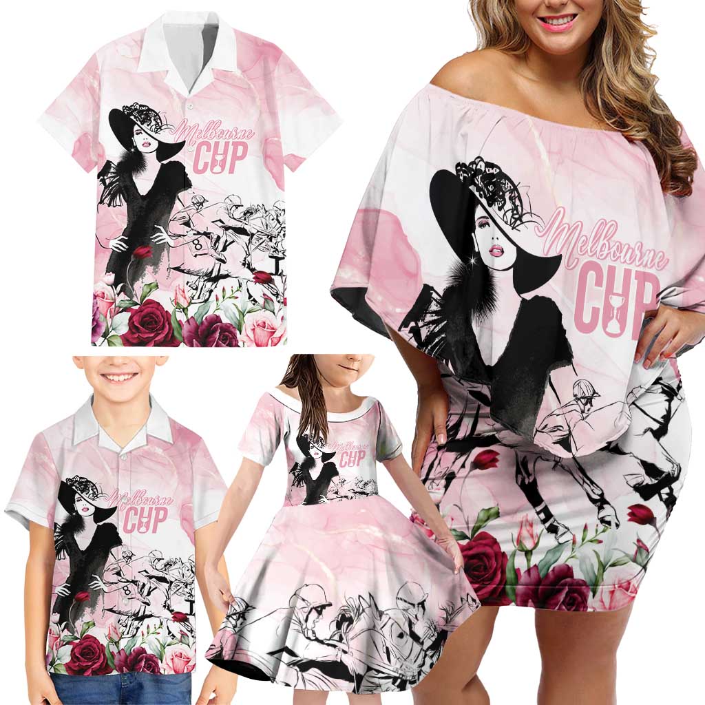 Melbourne Horse Racing Cup Pink Out Derby Family Matching Off Shoulder Short Dress and Hawaiian Shirt - Aussie Hoodie