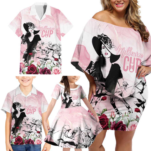 Melbourne Horse Racing Cup Pink Out Derby Family Matching Off Shoulder Short Dress and Hawaiian Shirt - Aussie Hoodie