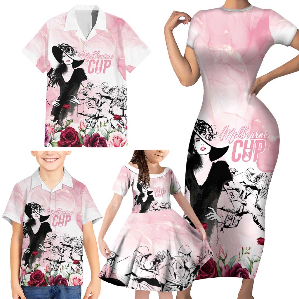 Melbourne Horse Racing Cup Pink Out Derby Family Matching Short Sleeve Bodycon Dress and Hawaiian Shirt - Aussie Hoodie