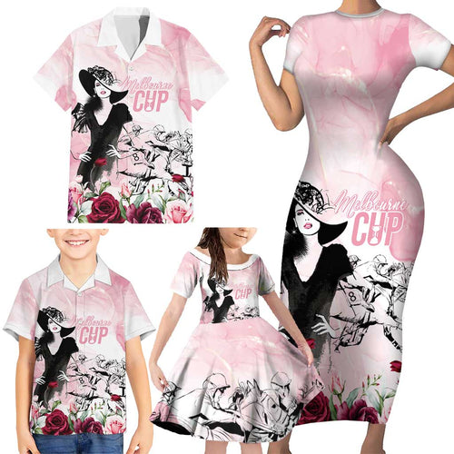 Melbourne Horse Racing Cup Pink Out Derby Family Matching Short Sleeve Bodycon Dress and Hawaiian Shirt - Aussie Hoodie