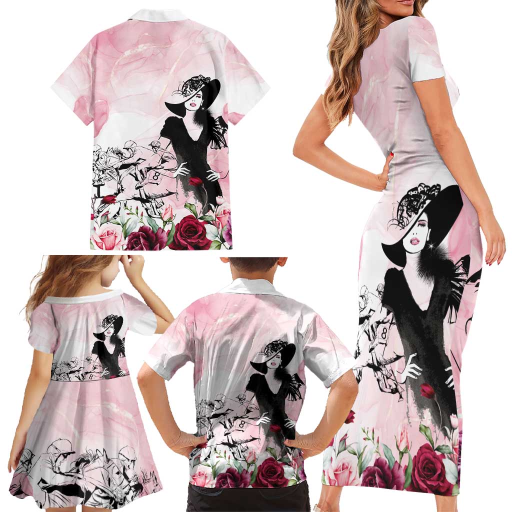 Melbourne Horse Racing Cup Pink Out Derby Family Matching Short Sleeve Bodycon Dress and Hawaiian Shirt - Aussie Hoodie
