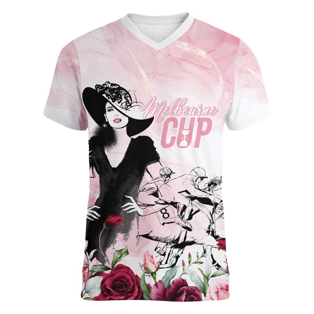 Melbourne Horse Racing Cup Pink Out Derby Women V-Neck T-Shirt - Aussie Hoodie