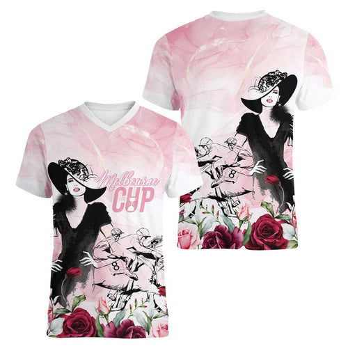 Melbourne Horse Racing Cup Pink Out Derby Women V-Neck T-Shirt - Aussie Hoodie