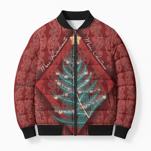 Aotearoa Maori Mangopare Meri Kirihimete Bomber Puffer Jacket Christmas Fern