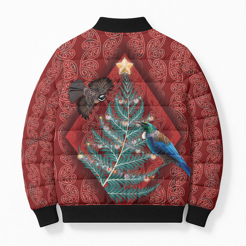 Aotearoa Maori Mangopare Meri Kirihimete Bomber Puffer Jacket Christmas Fern