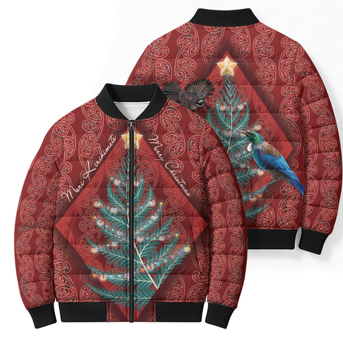 Aotearoa Maori Mangopare Meri Kirihimete Bomber Puffer Jacket Christmas Fern