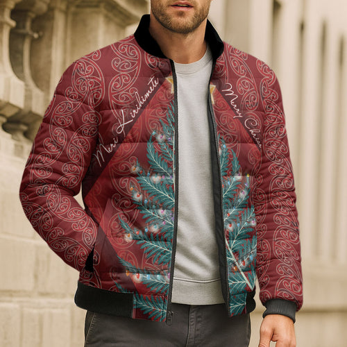 Aotearoa Maori Mangopare Meri Kirihimete Bomber Puffer Jacket Christmas Fern