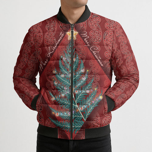 Aotearoa Maori Mangopare Meri Kirihimete Bomber Puffer Jacket Christmas Fern