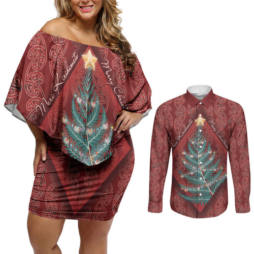 Aotearoa Maori Mangopare Meri Kirihimete Couples Matching Off Shoulder Short Dress and Long Sleeve Button Shirt Christmas Fern