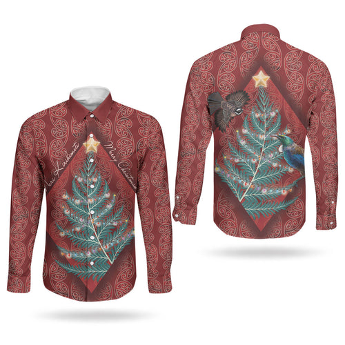 Aotearoa Maori Mangopare Meri Kirihimete Couples Matching Off Shoulder Short Dress and Long Sleeve Button Shirt Christmas Fern