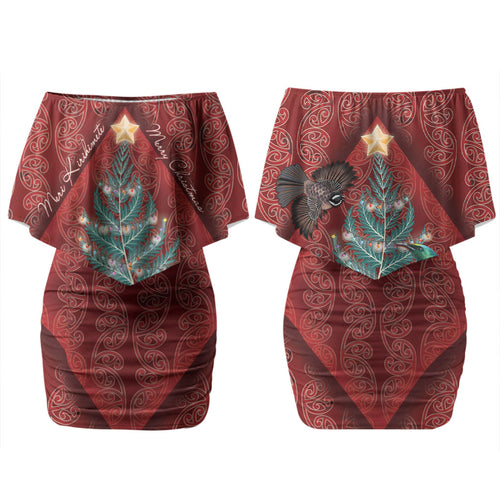Aotearoa Maori Mangopare Meri Kirihimete Couples Matching Off Shoulder Short Dress and Long Sleeve Button Shirt Christmas Fern