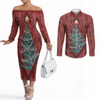 Aotearoa Maori Mangopare Meri Kirihimete Couples Matching Off The Shoulder Long Sleeve Dress and Long Sleeve Button Shirt Christmas Fern
