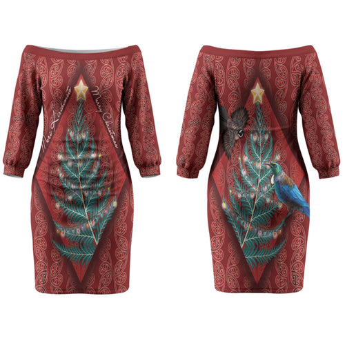 Aotearoa Maori Mangopare Meri Kirihimete Couples Matching Off The Shoulder Long Sleeve Dress and Long Sleeve Button Shirt Christmas Fern