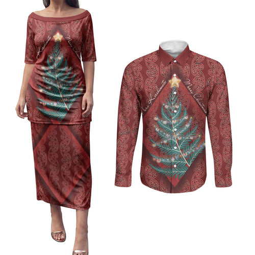 Aotearoa Maori Mangopare Meri Kirihimete Couples Matching Puletasi and Long Sleeve Button Shirt Christmas Fern