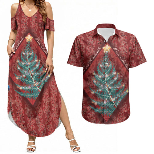 Aotearoa Maori Mangopare Meri Kirihimete Couples Matching Summer Maxi Dress and Hawaiian Shirt Christmas Fern