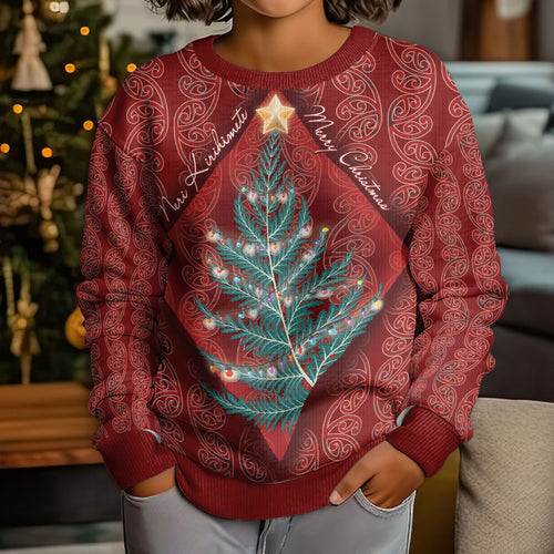 Aotearoa Maori Mangopare Meri Kirihimete Kid Ugly Christmas Sweater Christmas Fern