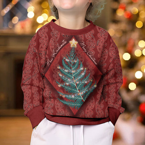 Aotearoa Maori Mangopare Meri Kirihimete Kid Ugly Christmas Sweater Christmas Fern