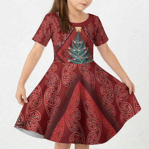 Aotearoa Maori Mangopare Meri Kirihimete Kid Short Sleeve Dress Christmas Fern