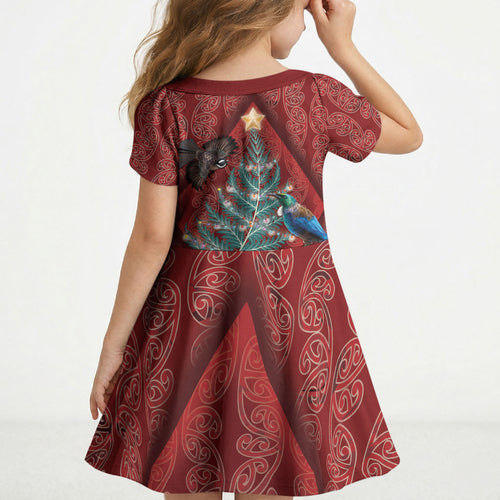 Aotearoa Maori Mangopare Meri Kirihimete Kid Short Sleeve Dress Christmas Fern