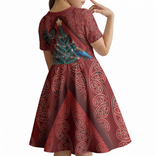 Aotearoa Maori Mangopare Meri Kirihimete Kid Short Sleeve Dress Christmas Fern