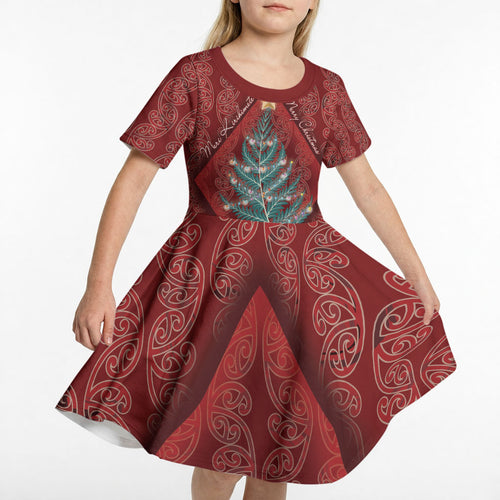 Aotearoa Maori Mangopare Meri Kirihimete Kid Short Sleeve Dress Christmas Fern