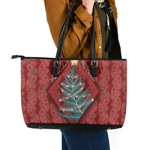 Aotearoa Maori Mangopare Meri Kirihimete Leather Tote Bag Christmas Fern
