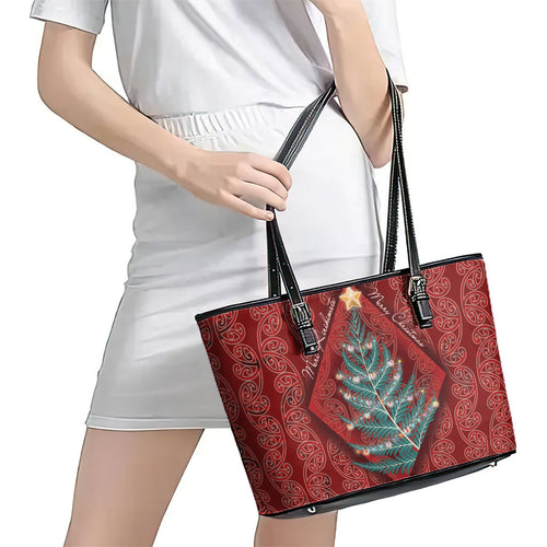 Aotearoa Maori Mangopare Meri Kirihimete Leather Tote Bag Christmas Fern