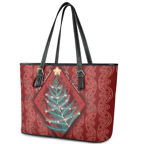 Aotearoa Maori Mangopare Meri Kirihimete Leather Tote Bag Christmas Fern