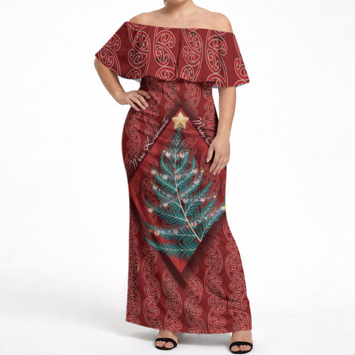 Aotearoa Maori Mangopare Meri Kirihimete Off Shoulder Maxi Dress Christmas Fern