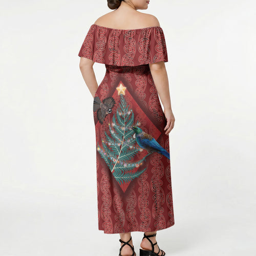 Aotearoa Maori Mangopare Meri Kirihimete Off Shoulder Maxi Dress Christmas Fern