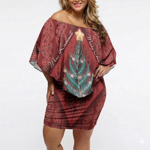 Aotearoa Maori Mangopare Meri Kirihimete Off Shoulder Short Dress Christmas Fern